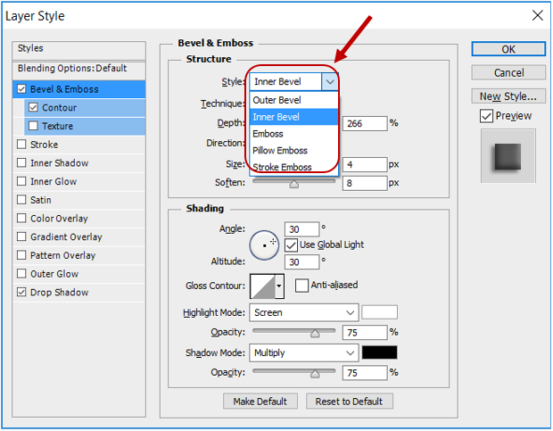 Bevel & Emboss settings Inner Bevel.PNG